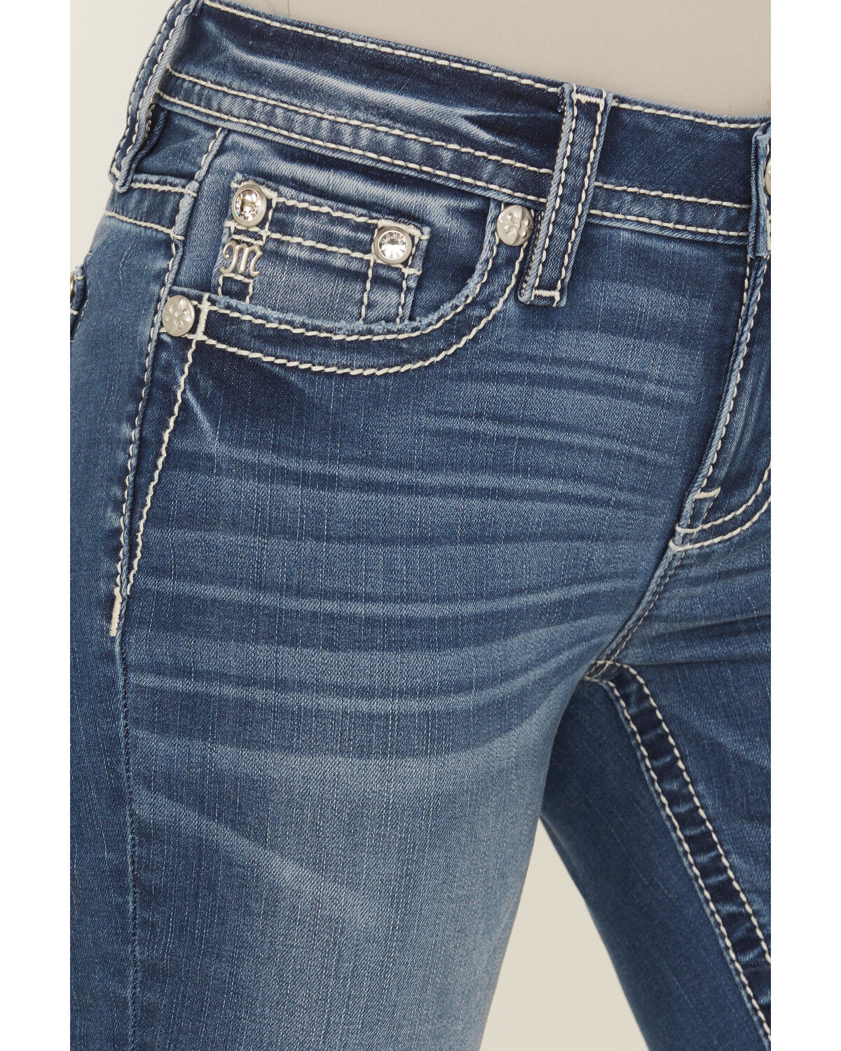 Image #4 - Miss Me Women's Medium Wash Mid Rise Fleur de Lis Pocket Bootcut Stretch Denim Jeans, Medium Wash, hi-res