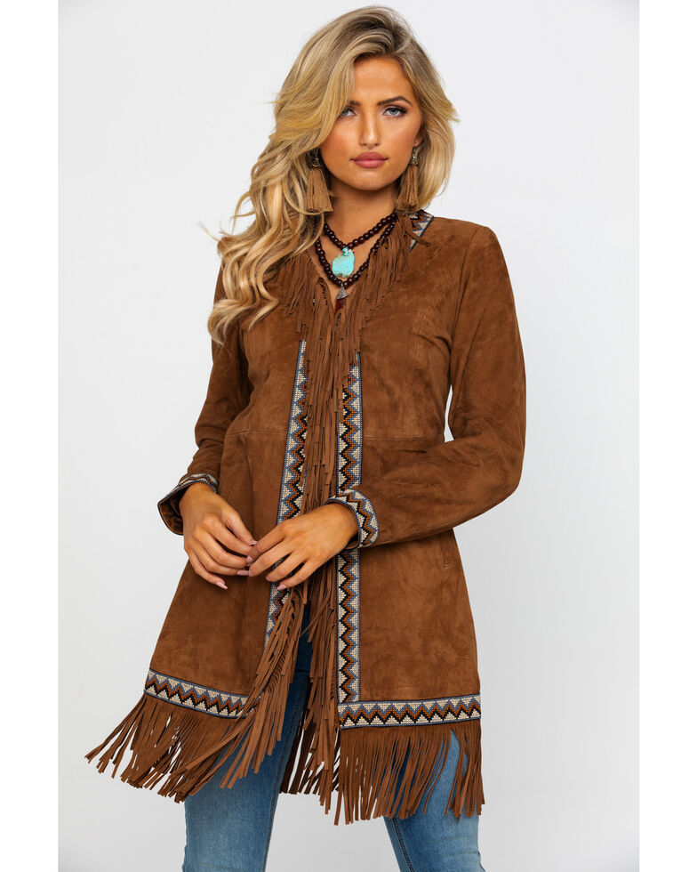Leatherwear by Scully Women's Cinnamon Boar Suede Embroidered Band Coat, Brown, hi-res