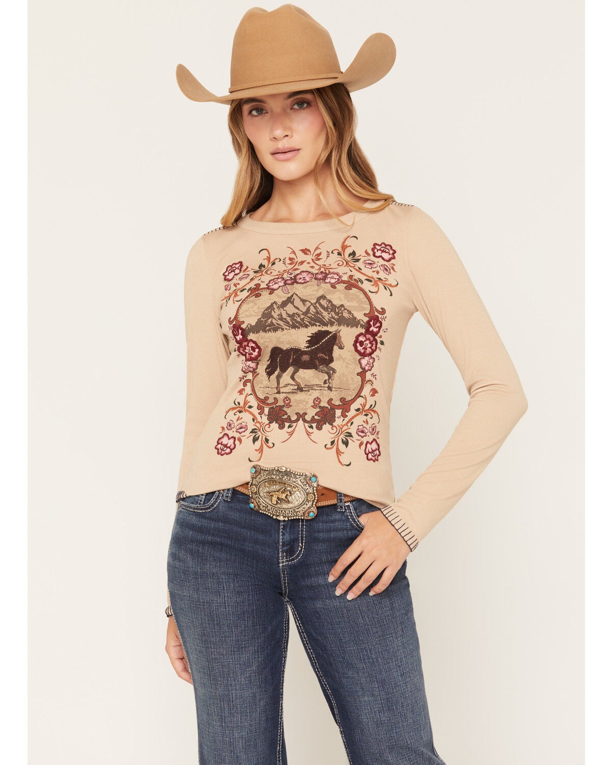 Shyanne Women's Horse Embroidered Long Sleeve Graphic Top, Khaki, hi-res