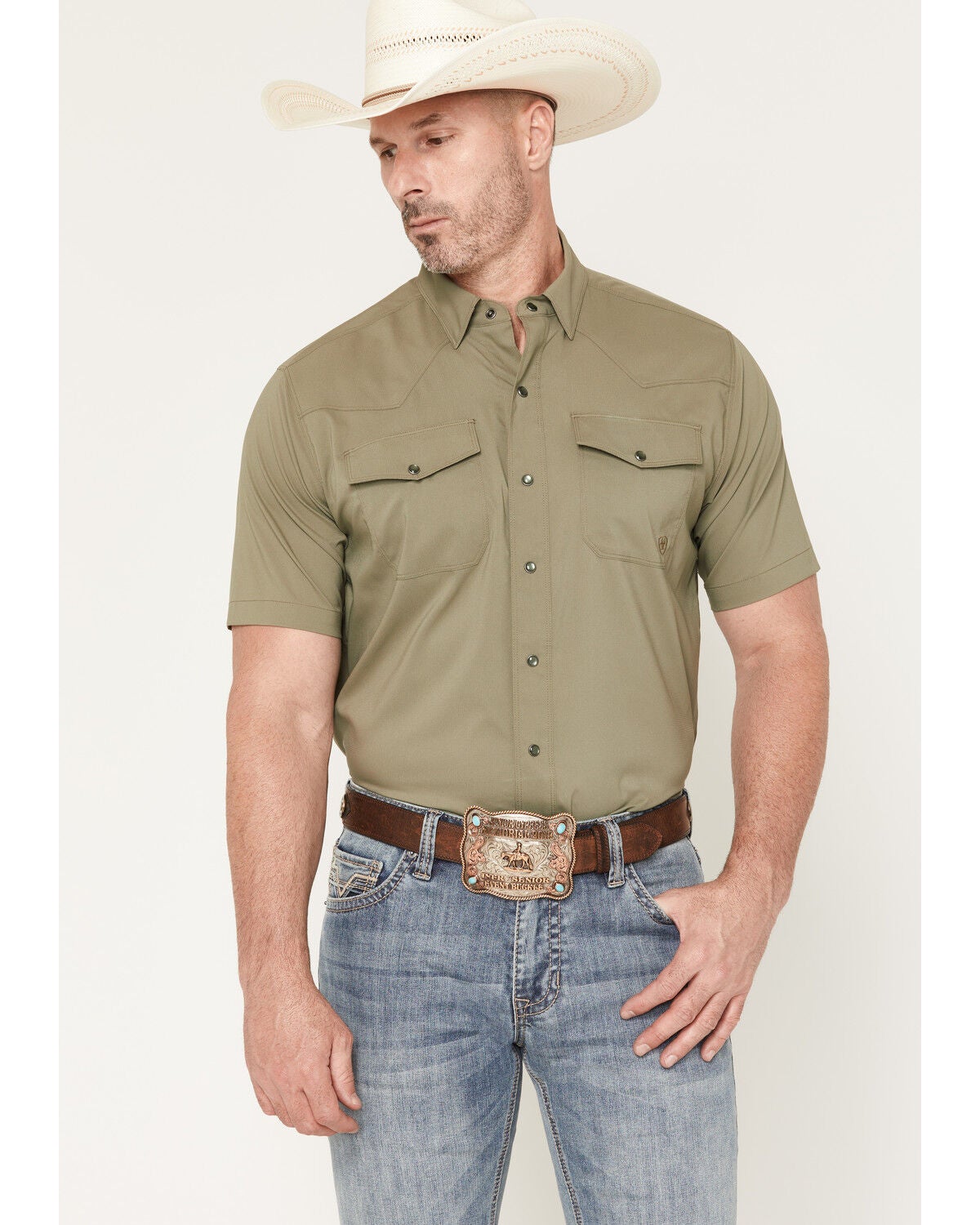 Image #1 - Ariat Men's VentTEK&trade; Solid Short Sleeve Snap Performance Shirt, Olive, hi-res