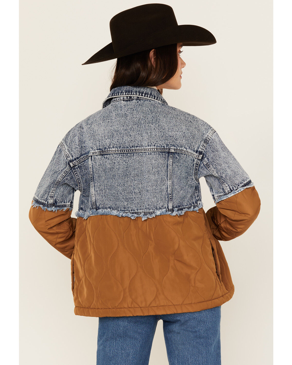 Image #4 - Ashley Women's Color Block Quilted Denim Jacket, Brown, hi-res