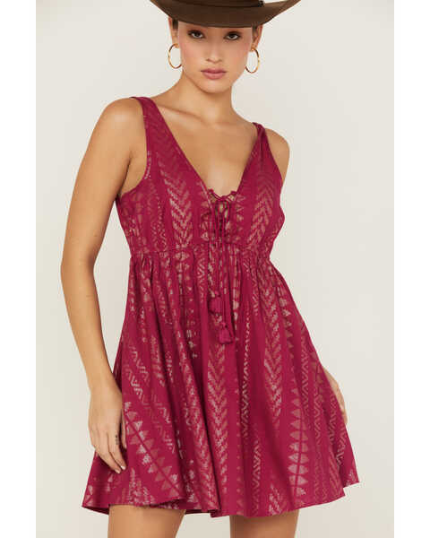 Image #2 - Shyanne Women's Sleeveless Geo Print Tassel Dress , Fuchsia, hi-res