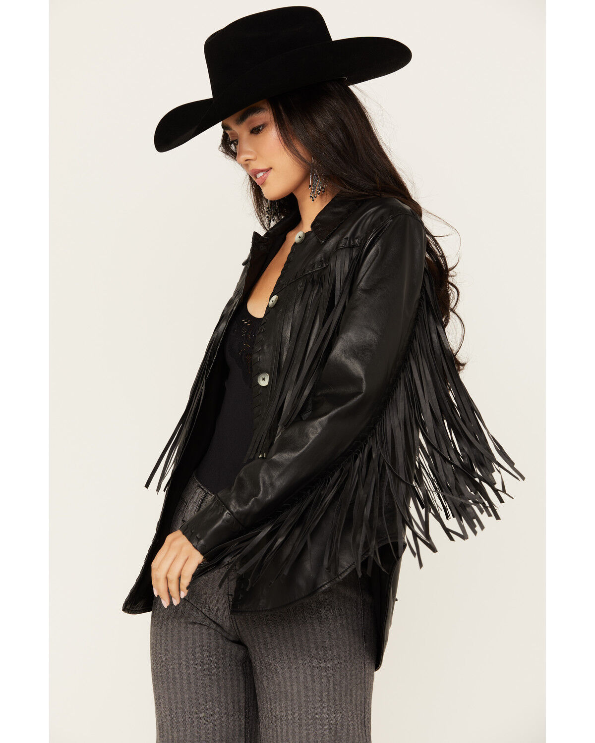 Image #1 - Idyllwind Women's Amburn Leather Fringe Shacket, Black, hi-res