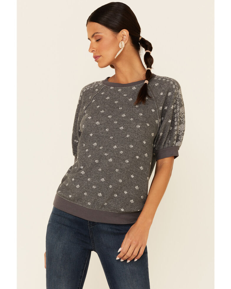 Jolt Women's Charcoal Paisley Dot Print Raglan Short Sleeve Sweatshirt , Charcoal, hi-res