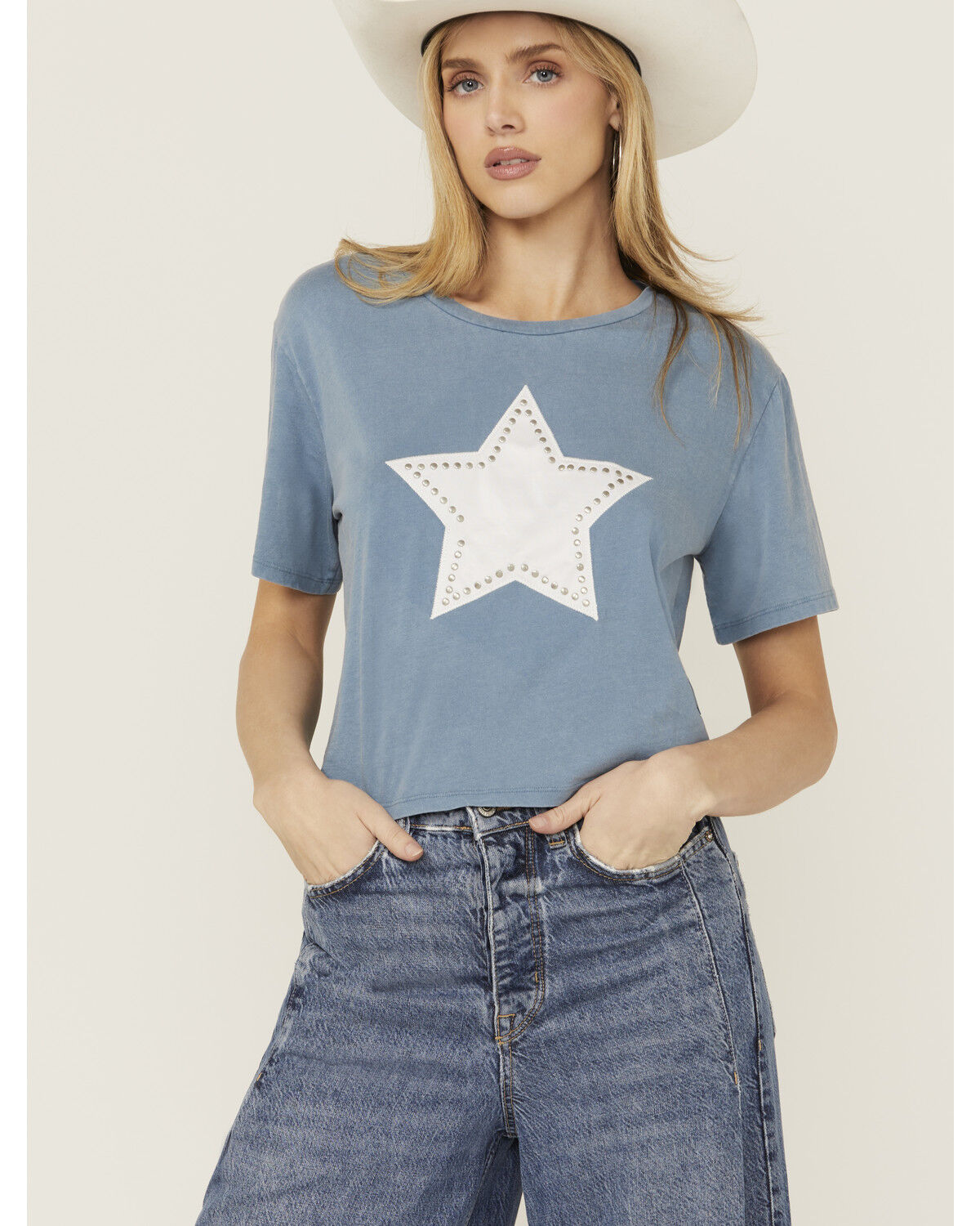 Image #1 - Rock & Roll Denim Women's Studded Star Short Sleeve Graphic Tee, Blue, hi-res