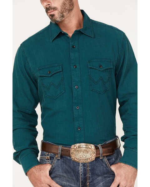 Wrangler Retro Premium Men's Long Sleeve Button-Down Western Shirt , Teal, hi-res