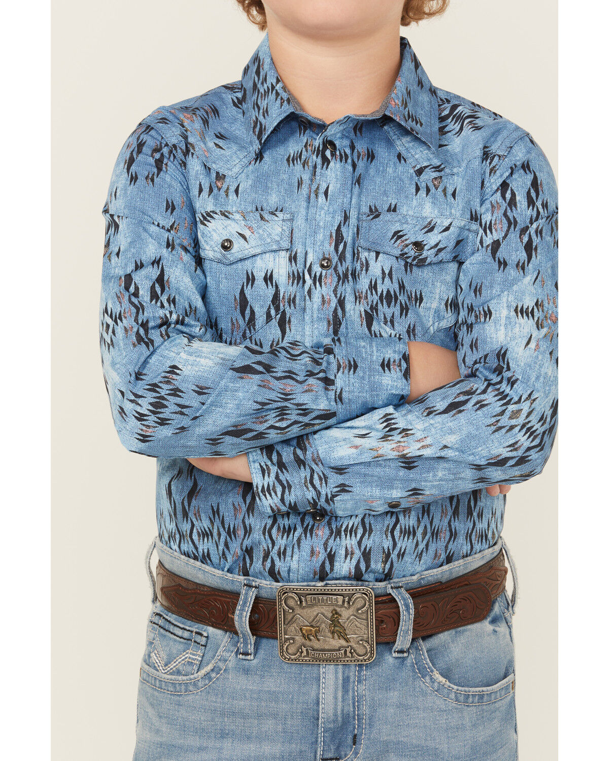 Image #2 - Cody James Boys' Maverick Southwestern Print Long Sleeve Snap Western Shirt, Blue, hi-res