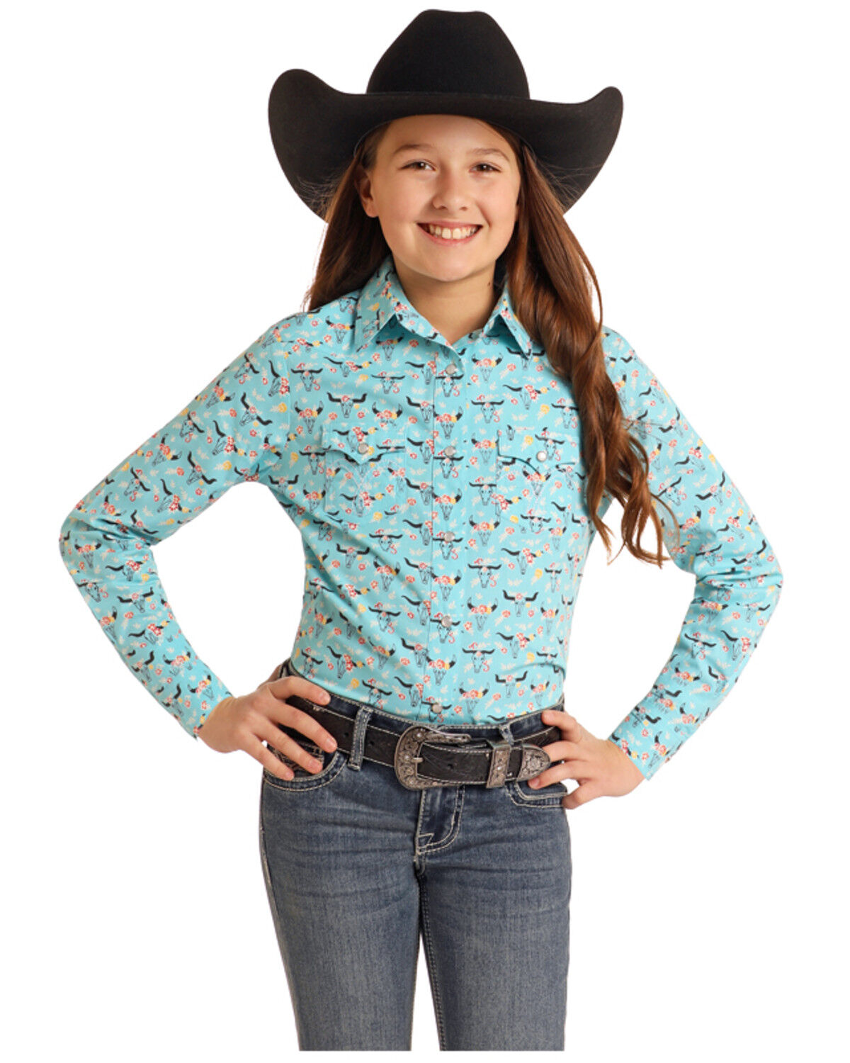 Image #1 - Panhandle Girls' Steerhead Print Long Sleeve Pearl Snap Western Shirt, Turquoise, hi-res