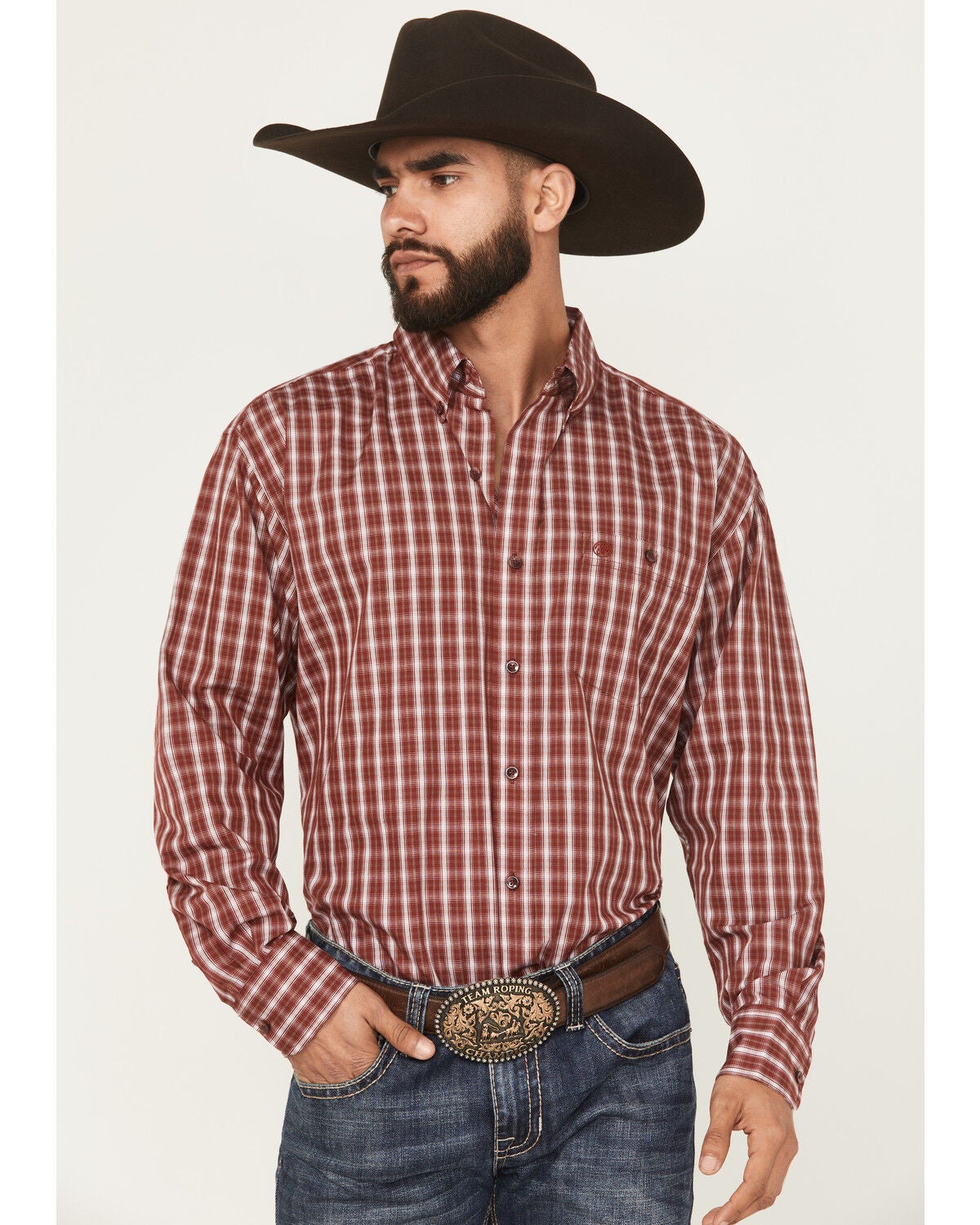 Image #1 - Wrangler Men's Plaid Print Long Sleeve Button-Down Stretch Western Shirt - Tall, Burgundy, hi-res