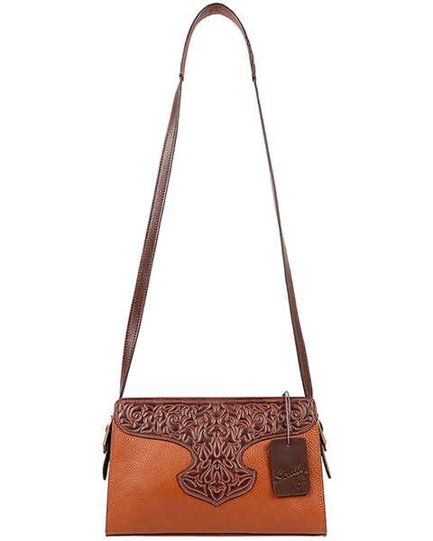 Image #1 - Scully Women's Leather Tooled Overlay Crossbody Bag, Tan, hi-res