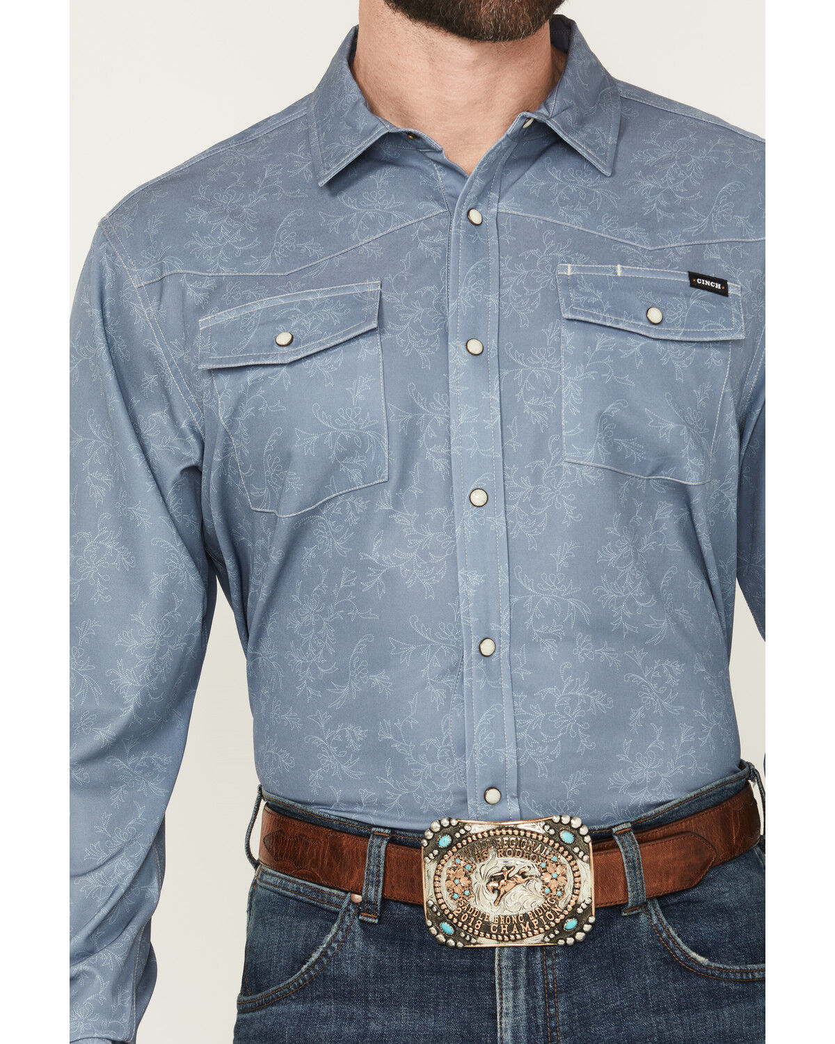 Image #3 - Cinch Men's Tonal Floral Long Sleeve Snap Performance Western Shirt, Blue, hi-res