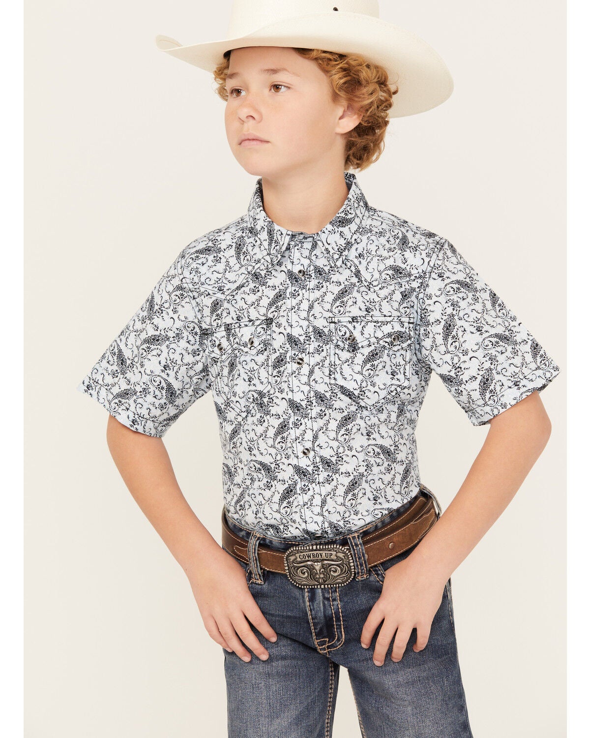 Image #1 - Cody James Boys' Paisley Print Short Sleeve Snap Western Shirt, Navy, hi-res