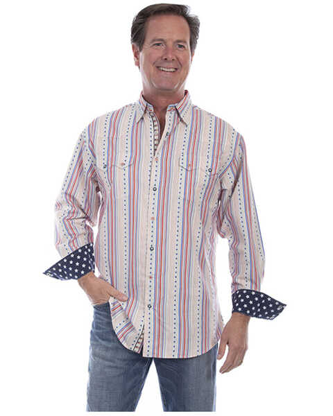 Scully Men's Multi Stars & Stripes Print Long Sleeve Snap Western Shirt , White, hi-res