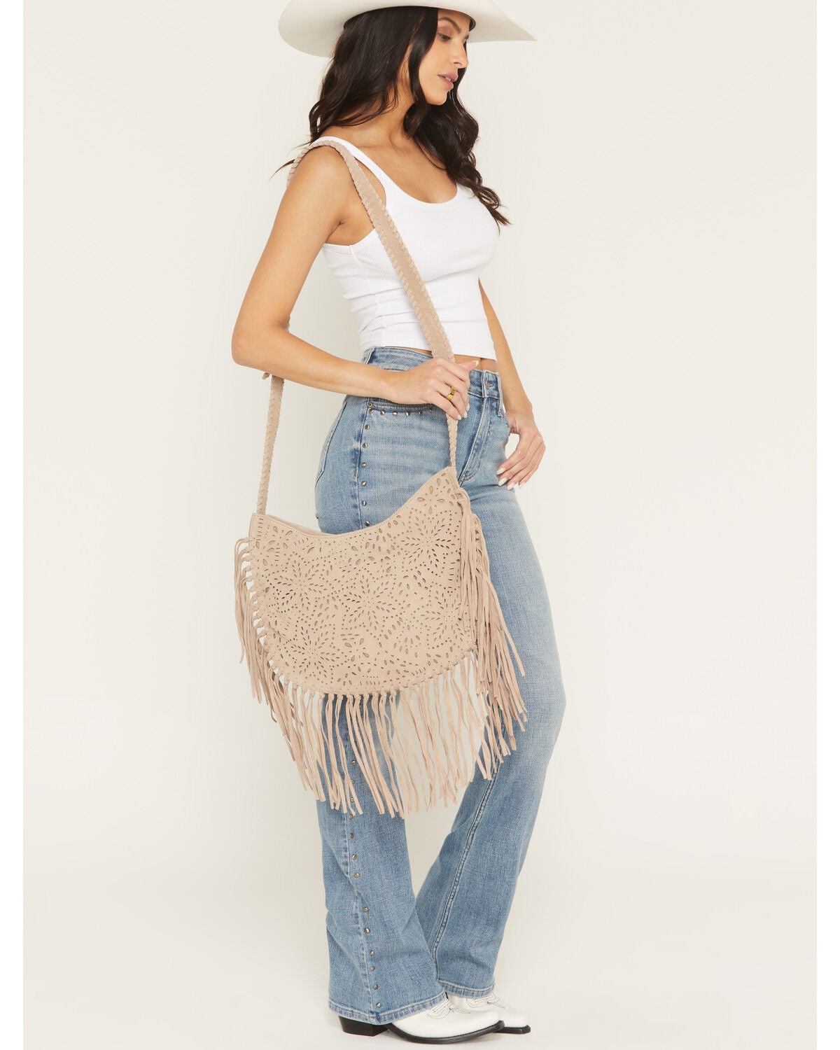 Shyanne Women's Avenly Floral Perforated Suede Hobo Bag, Tan, hi-res