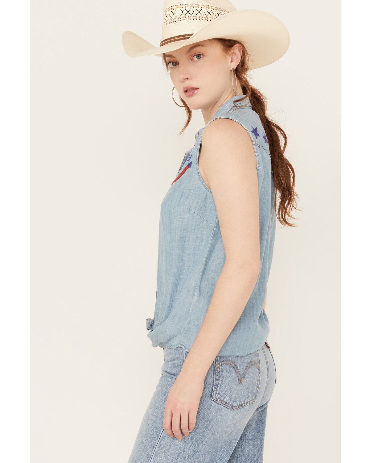 Image #2 - Ariat Women's Liberty Embroidered Button Down Sleeveless Top, Blue, hi-res