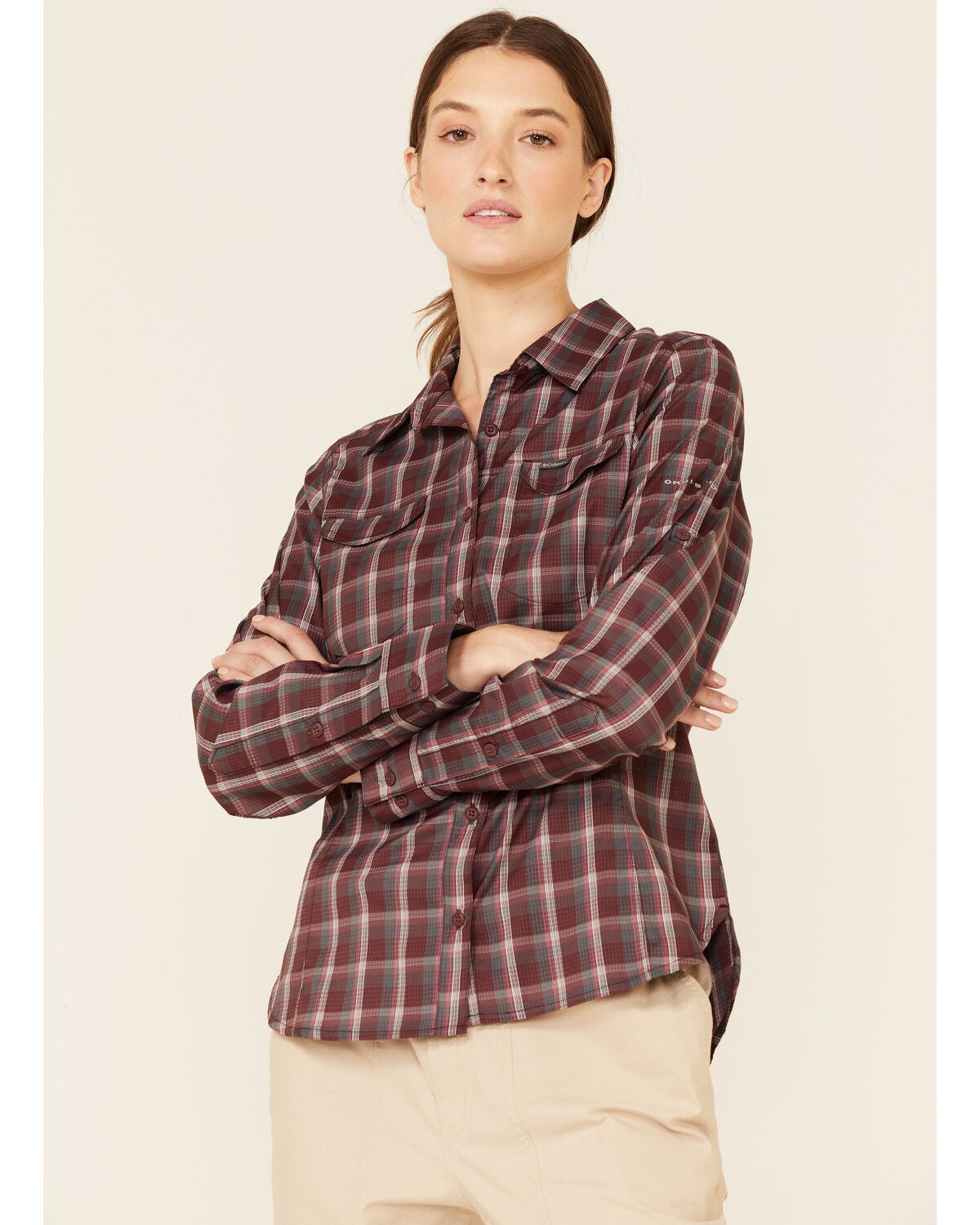 Columbia Women's Malbec Plaid Print Ridge Lite Long Sleeve Button-Down Western Shirt, Burgundy, hi-res