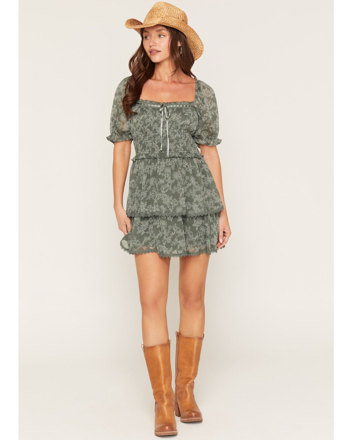 Image #1 - Trixxi Women's Floral Print Smocked Waist Tiered Mini Dress, Green, hi-res