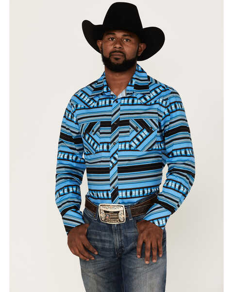 Image #1 - Rock & Roll Denim Men's Horizontal Southwestern Print Long Sleeve Snap Western Shirt , Turquoise, hi-res
