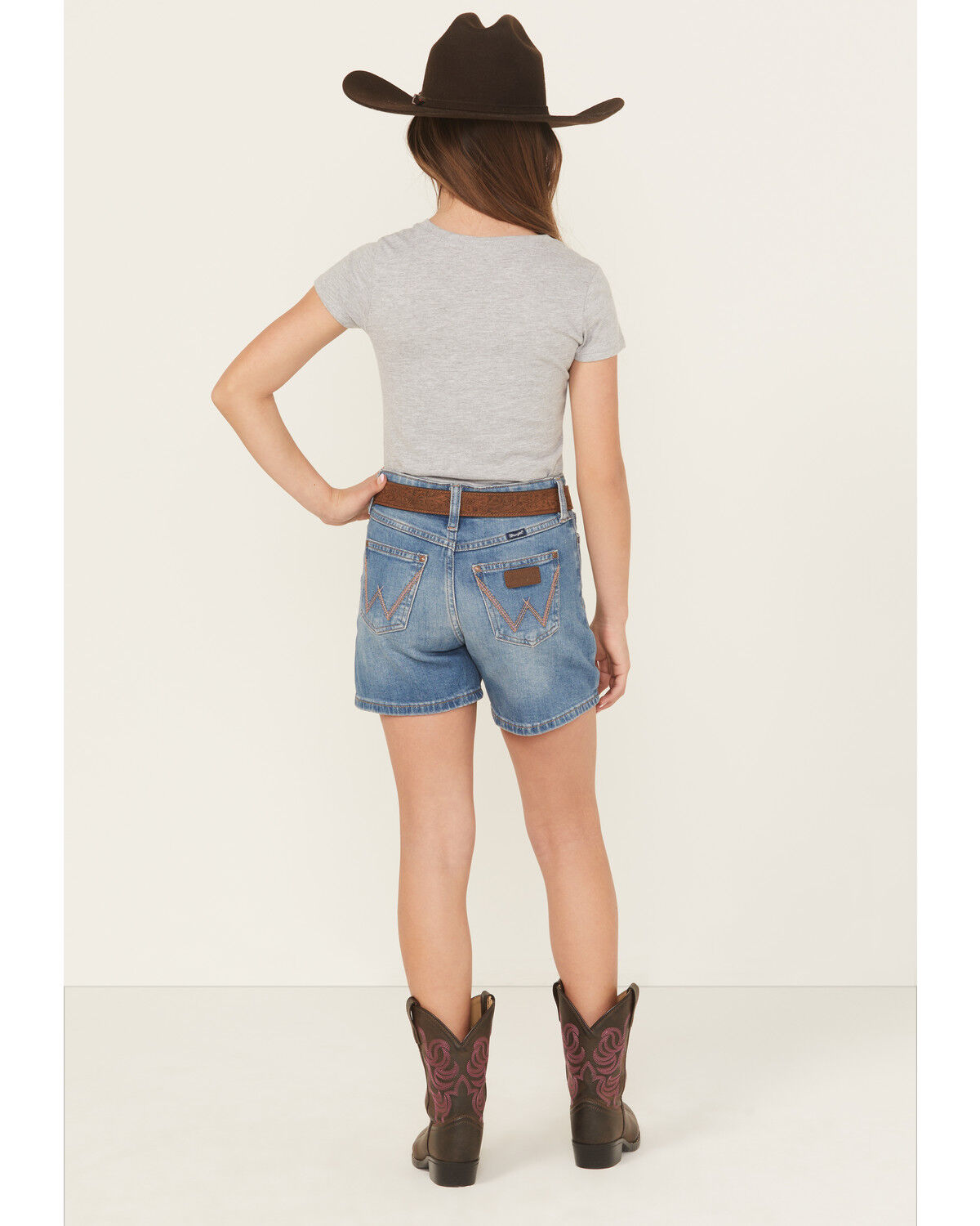 Image #3 - Wrangler Girls' Medium Wash Stretch Denim Shorts, Medium Wash, hi-res