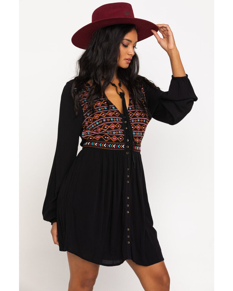Shyanne Women S Black Embroidered Button Long Sleeve Dress