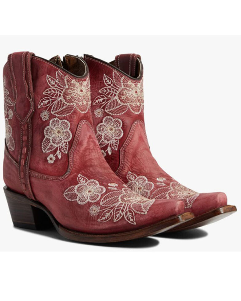 Corral Women's Flowered Embroidery Ankle Western Bootie - Snip Toe, Red/brown, hi-res