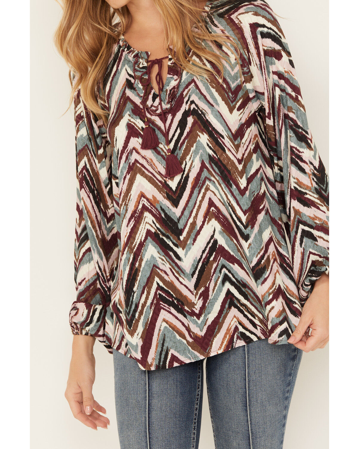 Image #3 - Shyanne Women's Printed Rayon Dobby Peasant Blouse, Maroon, hi-res