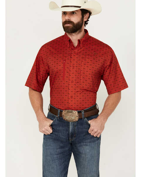 Ariat Men's VentTEK Southwestern Geo Print Short Sleeve Button-Down Western Shirt , Red, hi-res