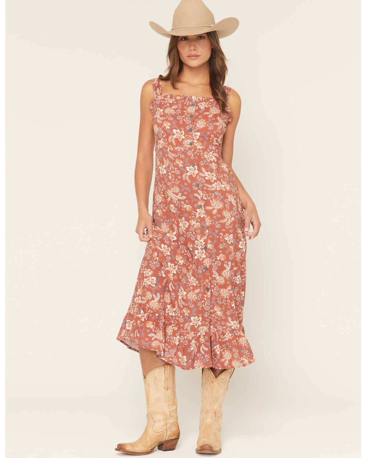 Image #1 - Cotton & Rye Women's Floral Print Sleeveless Button-Down Midi Dress, Rust Copper, hi-res