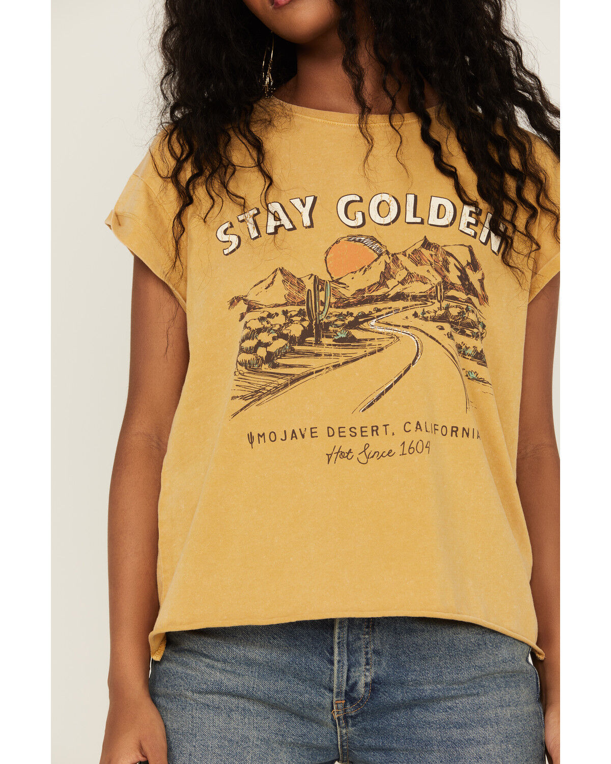 Image #3 - Cleo + Wolf Women's Stay Golden Rolled Sleeve Graphic Tee, Gold, hi-res