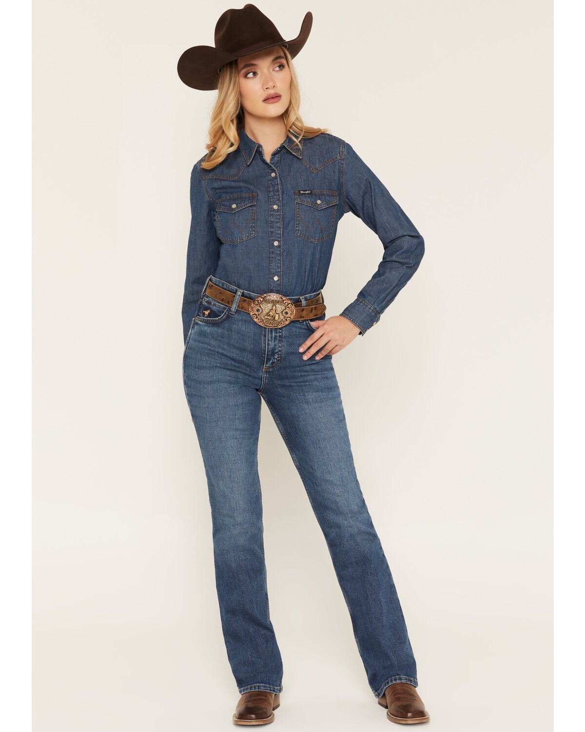 Image #1 - Wrangler Women's Dark Wash High Rise Rodeo Bootcut Stretch Denim Jeans, Dark Wash, hi-res