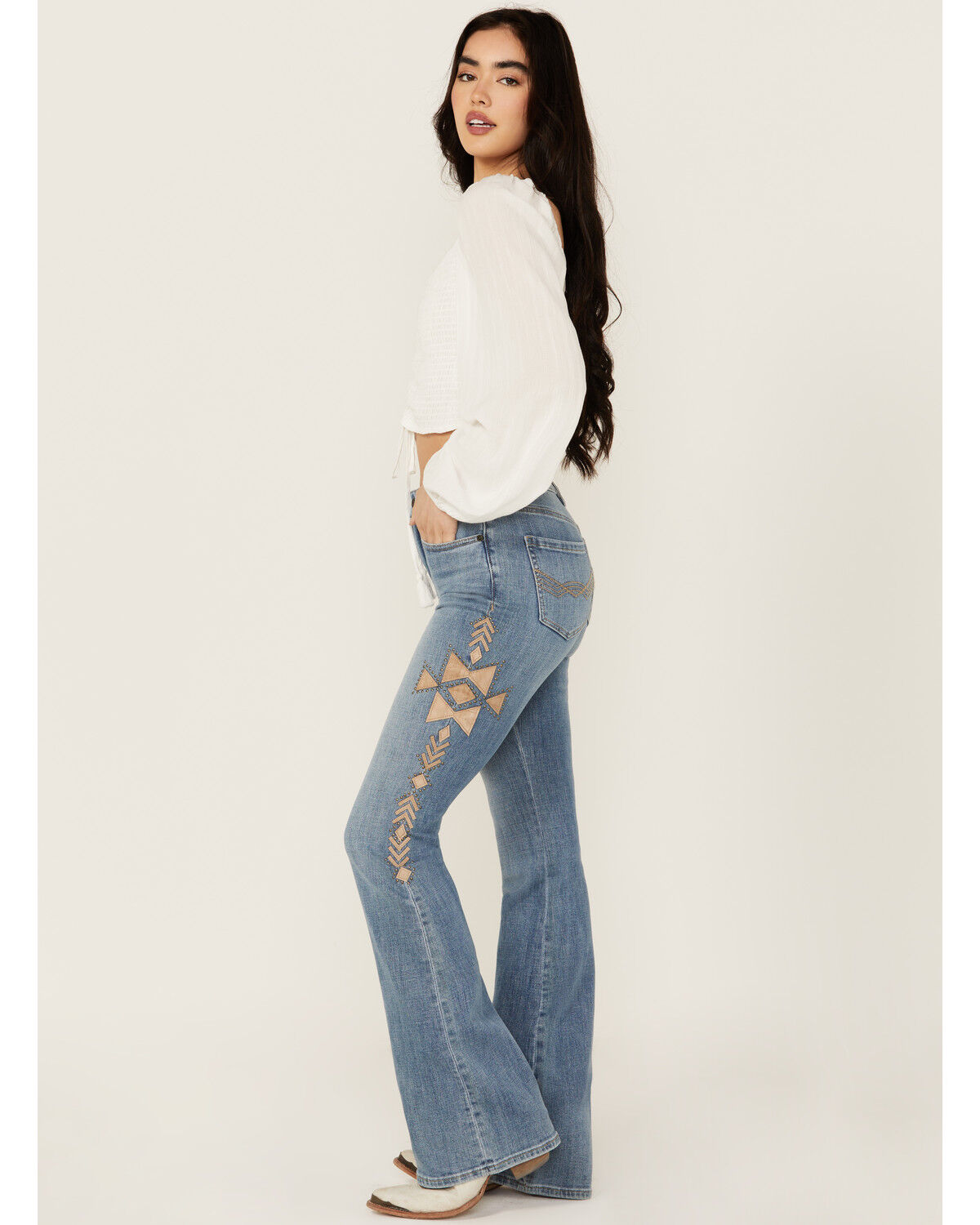 Image #2 - Idyllwind Women's Ellis Medium Wash Gypsy High Rise Faux Suede Embellished Bootcut Comfort Stretch Denim Jeans, Medium Wash, hi-res