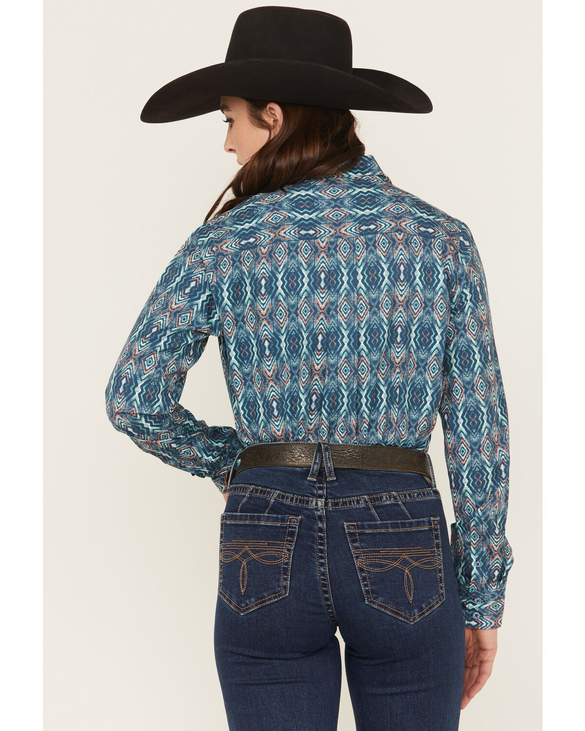 Image #4 - Cinch Women's Southwestern Long Sleeve Button-Down Stretch Western Shirt, Navy, hi-res