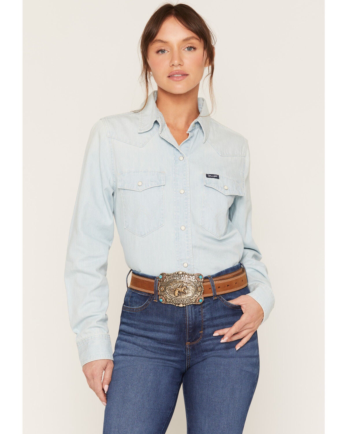 Image #1 - Wrangler Women's Light Wash Long Sleeve Snap Denim Western Shirt, Light Blue, hi-res