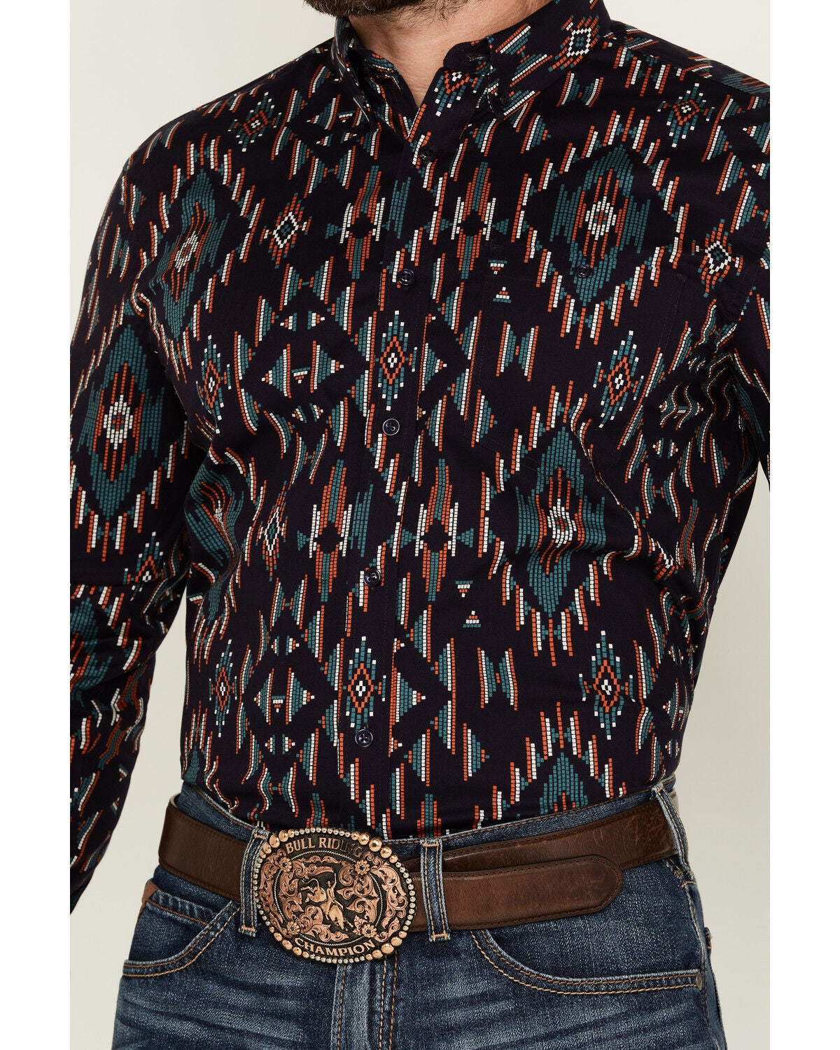 Image #3 - RANK 45&reg; Men's Hilsborrow Southwester Print Long Sleeve Button-Down Stretch Western Shirt, Dark Blue, hi-res