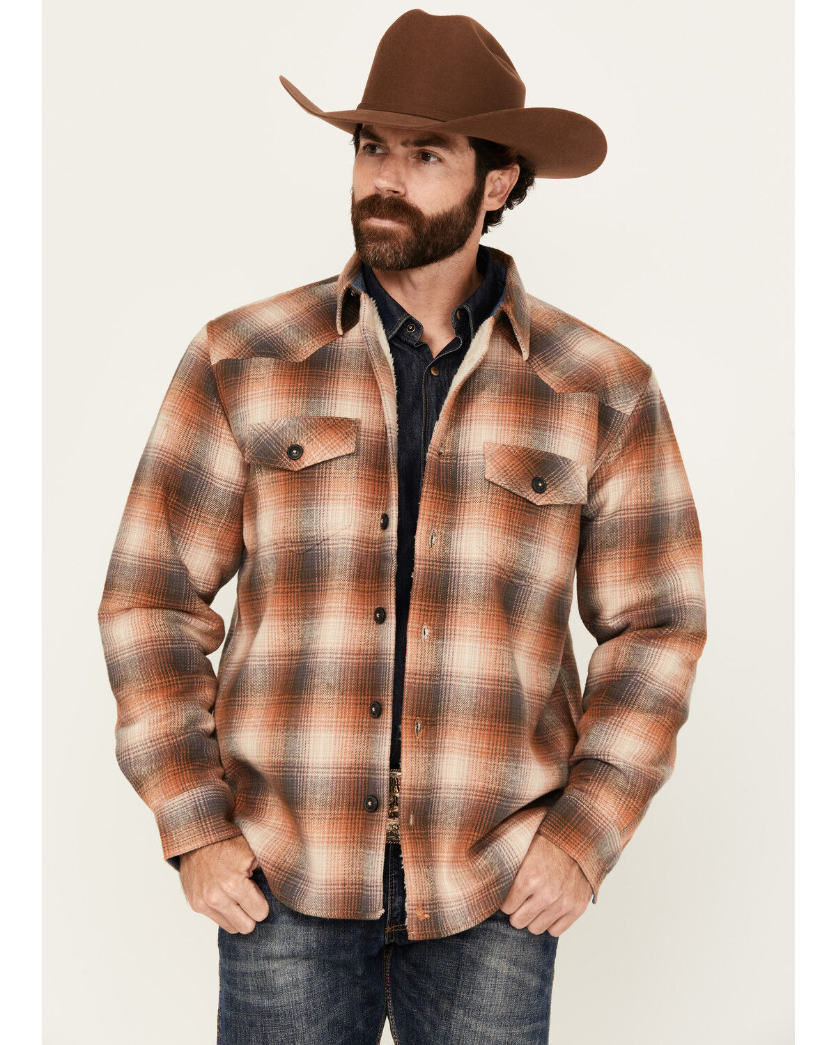 Image #1 - Cody James Men's Caliente Plaid Print Sherpa Lined Button-Down Shirt Jacket, Tan, hi-res