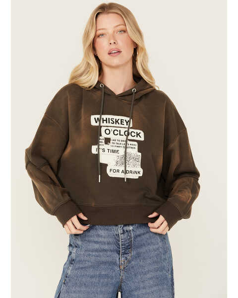 Cleo + Wolf Women's Bleached Deconstructed Whiskey Cropped Hoodie , Chocolate, hi-res