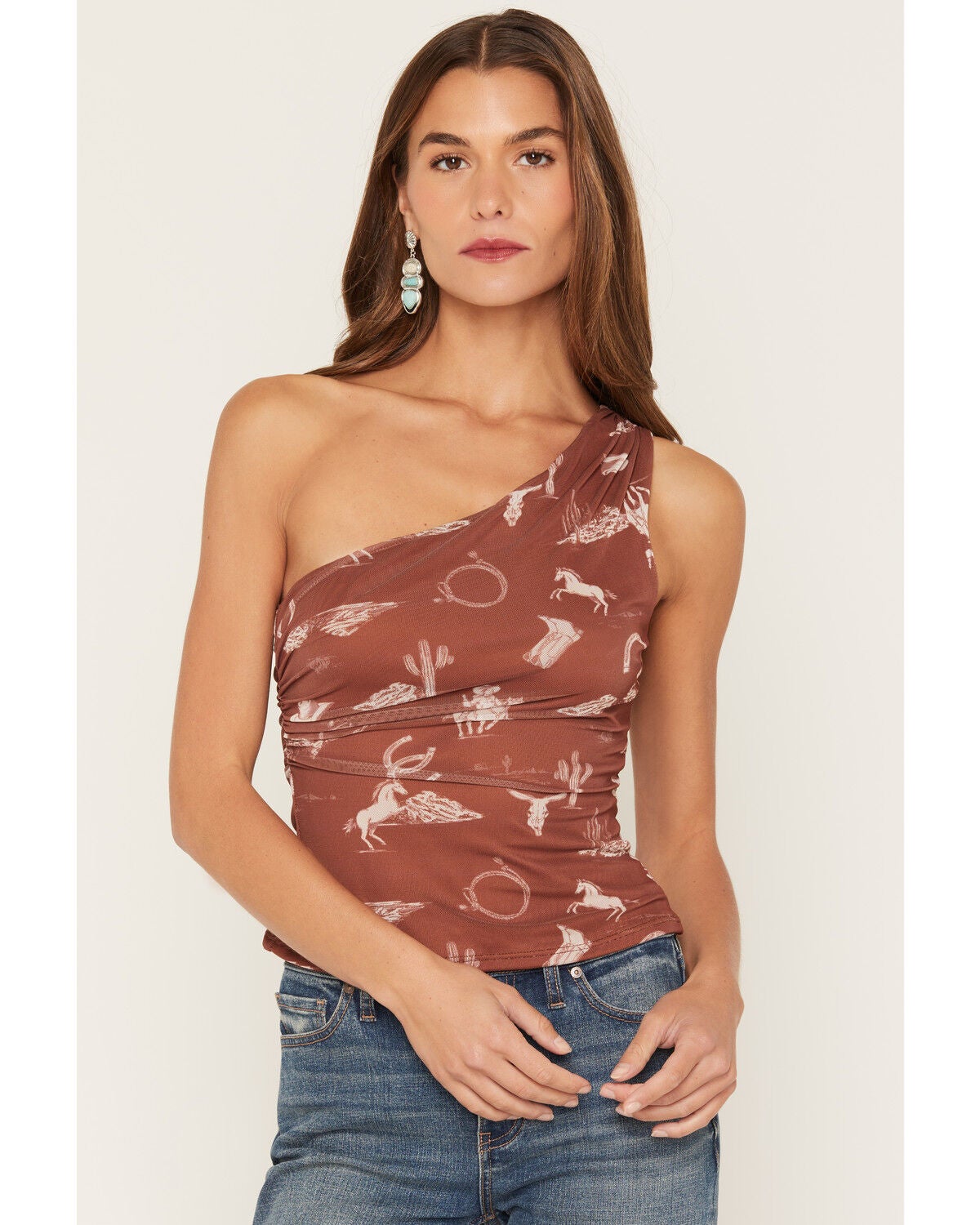 Ash & Violet Women's Conversational Print One Shoulder Top, Brown, hi-res