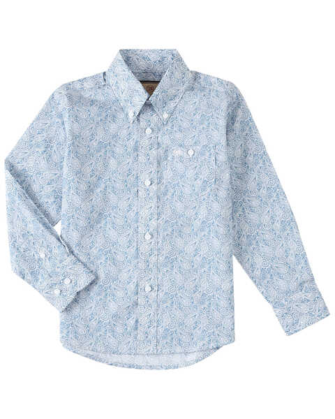 Wrangler Boys' Classic Paisley Print Long Sleeve Button-Down Western Shirt, Blue, hi-res