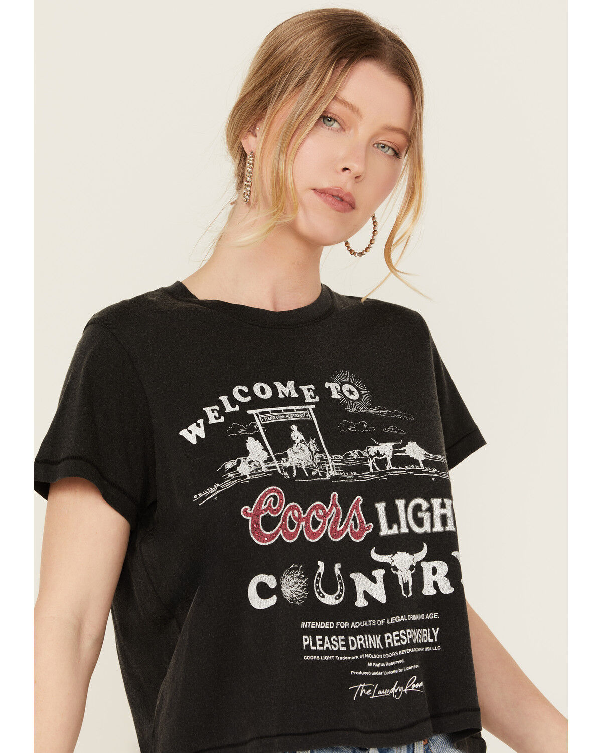 Image #2 - The Laundry Room Women's Rhinestone Coors Neon Light Short Sleeve Graphic Tee, Black, hi-res