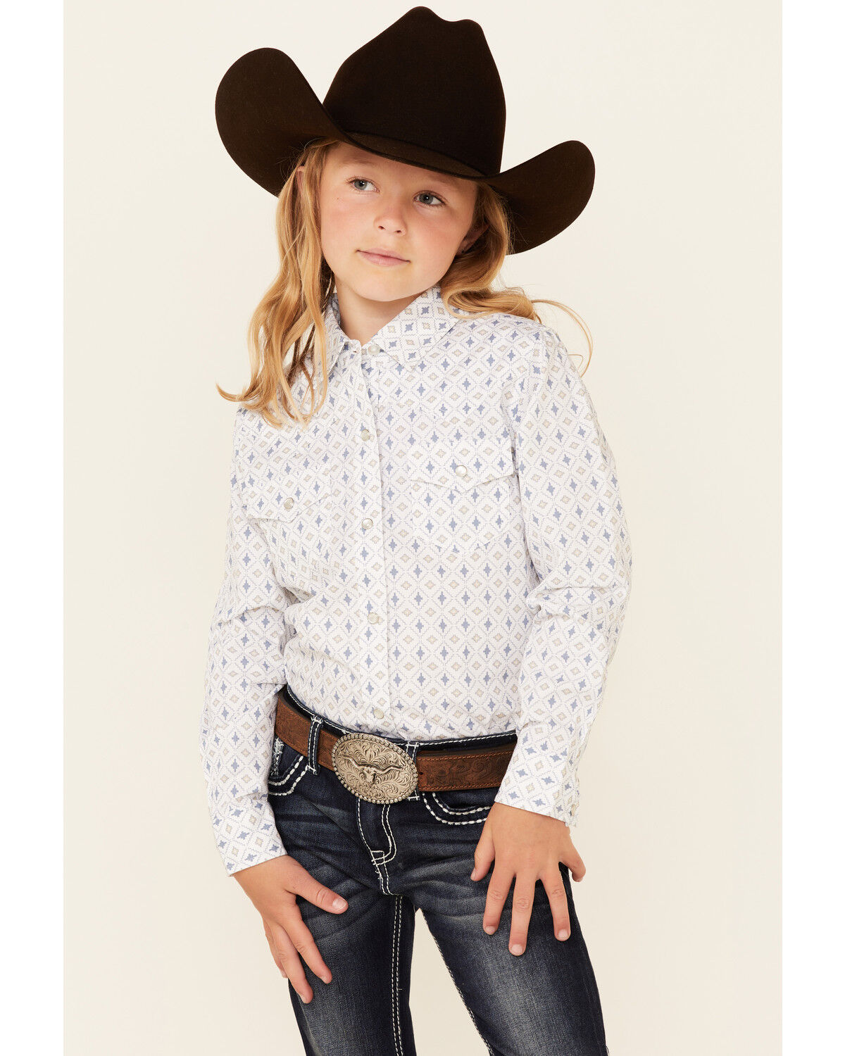 Image #1 - Ely Walker Girls' Southwestern Geo Print Long Sleeve Pearl Snap Western Shirt, White, hi-res