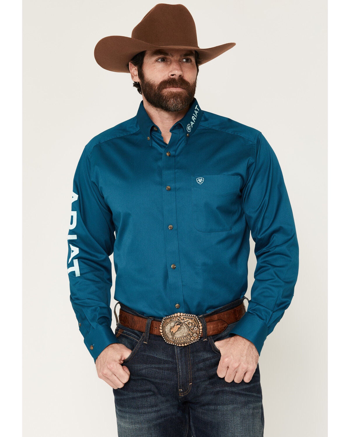 Image #1 - Ariat Men's Team Logo Solid Long Sleeve Button-Down Western Shirt, Teal, hi-res