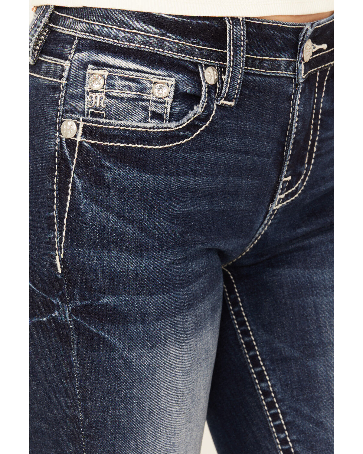 Image #4 - Miss Me Women's Dark Wash Mid Rise Bootcut Stretch Denim Jeans, Dark Wash, hi-res