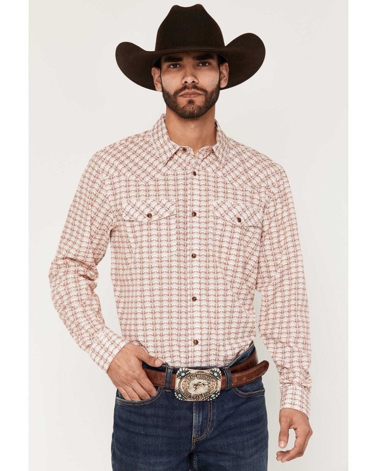 RANK 45&reg; Men's Harvest Chevron Geo Print Rodeo Tech 2.0 Long Sleeve Snap Stretch Western Shirt, Burgundy, hi-res