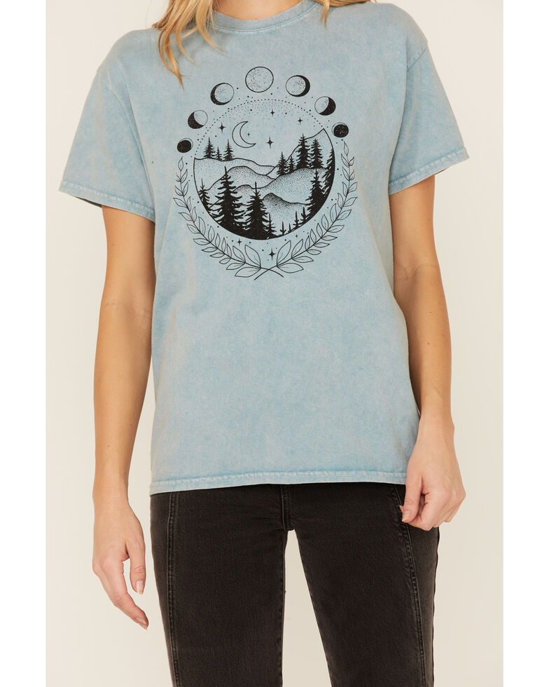 Cut & Paste Women's Teal Mineral Wash Moon Phase Outdoor Graphic Tee, Teal, hi-res