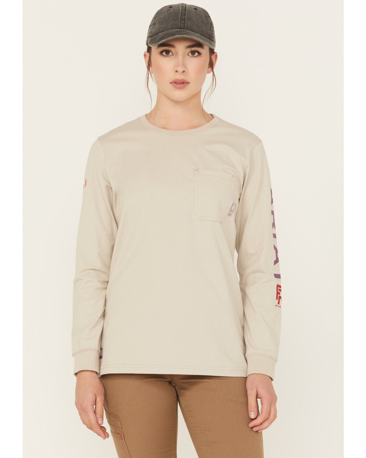 Ariat Women's FR Stretch Logo Long Sleeve Work Tee, Brown, hi-res