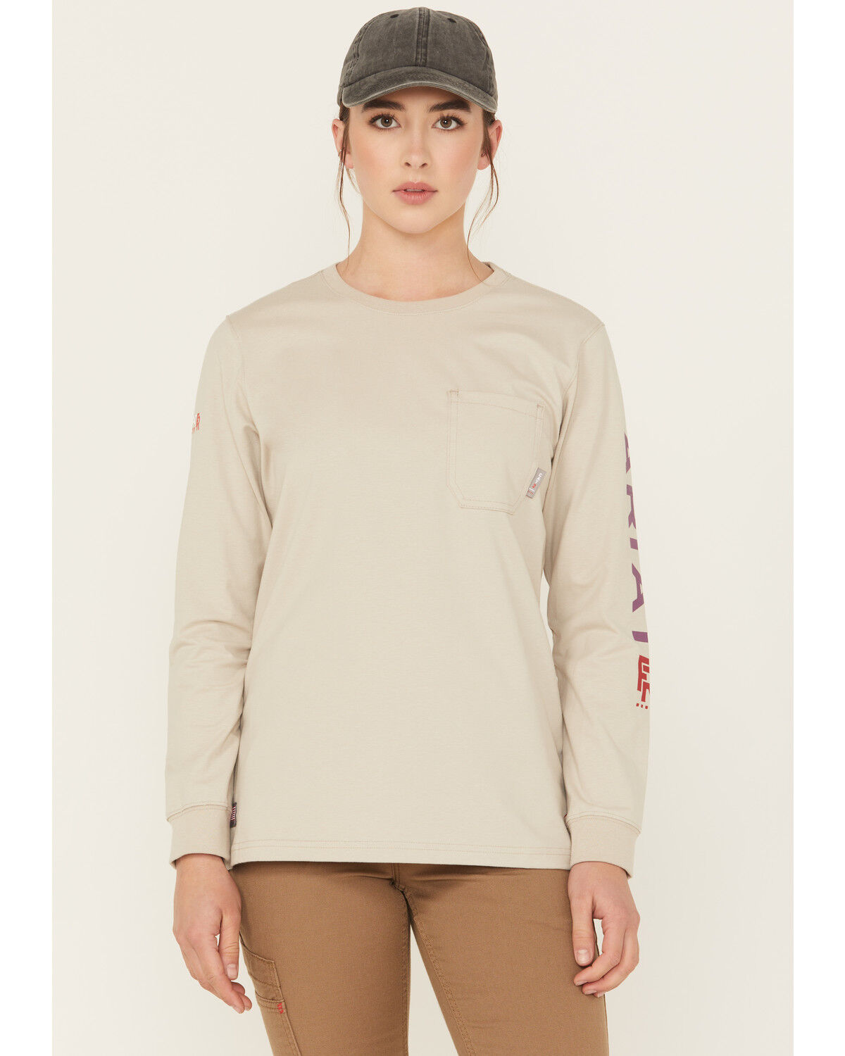 Image #1 - Ariat Women's FR Stretch Logo Long Sleeve Work Tee, Brown, hi-res