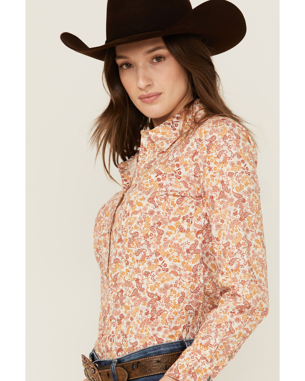 Image #2 - Shyanne Women's Paisley Print Long Sleeve Snap Stretch Western Shirt, Gold, hi-res