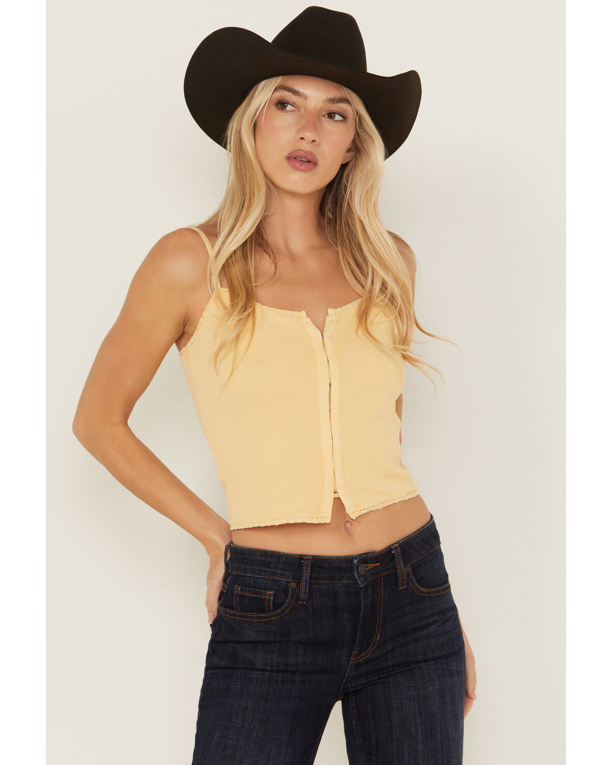 Image #1 - Idyllwind Women's Lace Trim Cami, Yellow, hi-res
