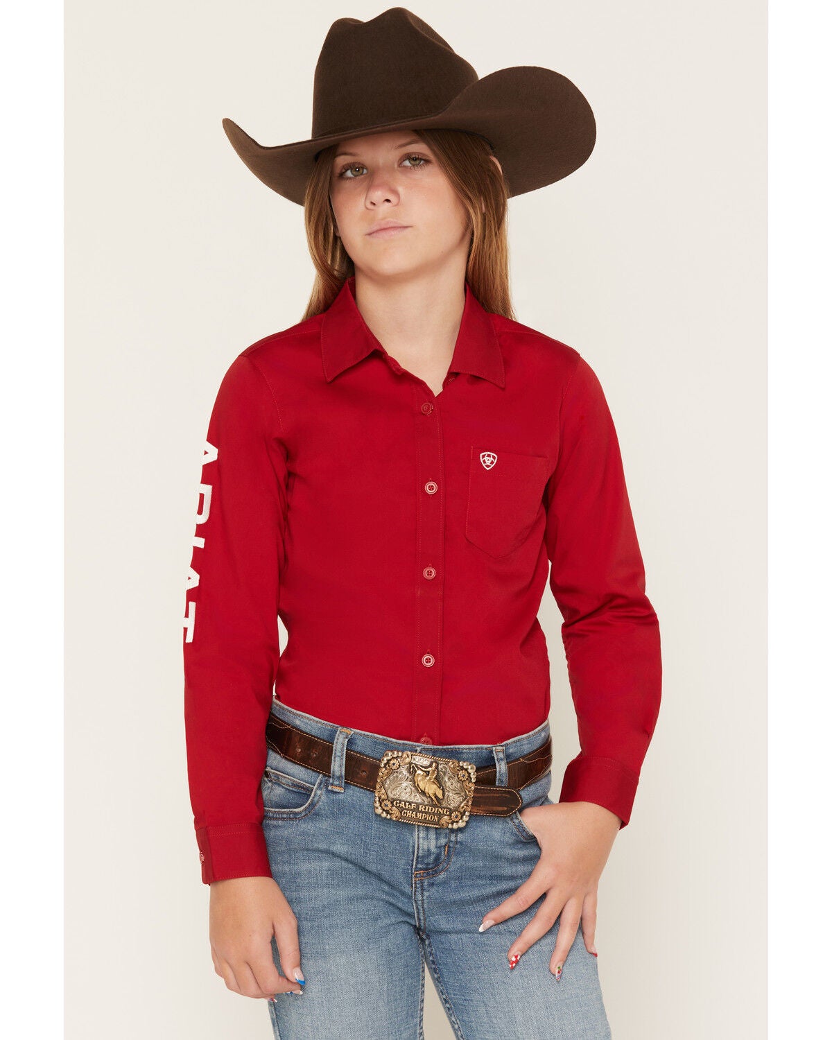 Ariat Girls' Team Kirby Logo Long Sleeve Button-Down Stretch Western Shirt, Red, hi-res