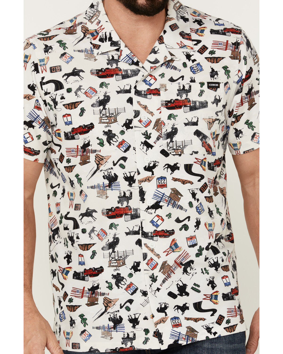 Image #3 - Cinch Men's Rodeo Conversational Print Short Sleeve Button-Down Performance Stretch Western Shirt, White, hi-res